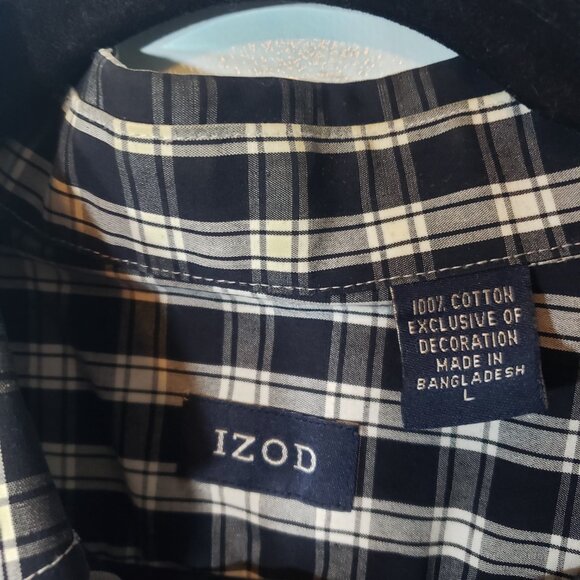 IZOD Button Shirt Men's Size L Large Black White Checkered Long Sleeve - Picture 5 of 7
